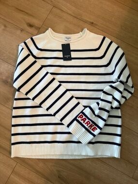 PARKE Navy Stripe Crewneck Sweater in White